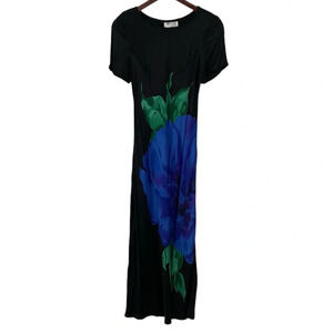 Jeffrey & Dara Vintage 90s Flower Midi Dress Womens Sz 6 Petite Black Watercolor